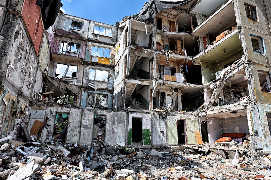 Remains of a residential building destroyed by Russian shelling on August 11 in Myrnohrad, Ukraine.