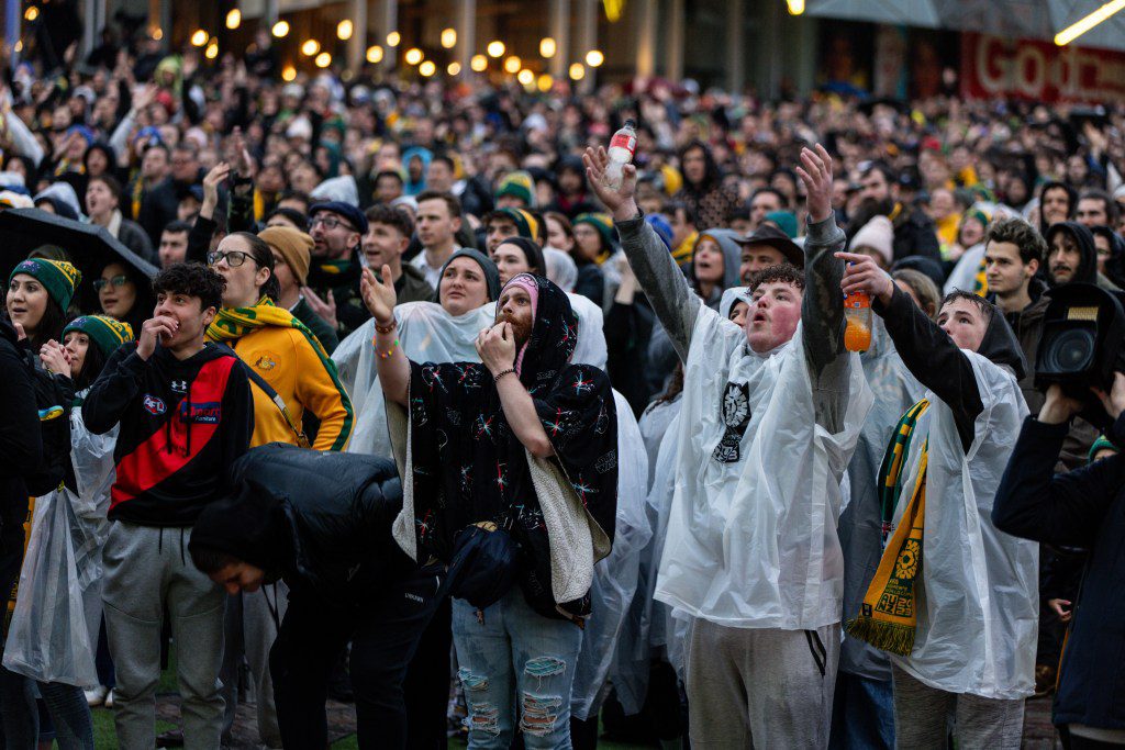 Fans at Federation Square in Melbourne watch the Matildas match in the quarter-finals of the FIFA Women's World Cup between Australia and France at Brisbane Stadium, on August 12, 2023 in Melbourne, Australia.