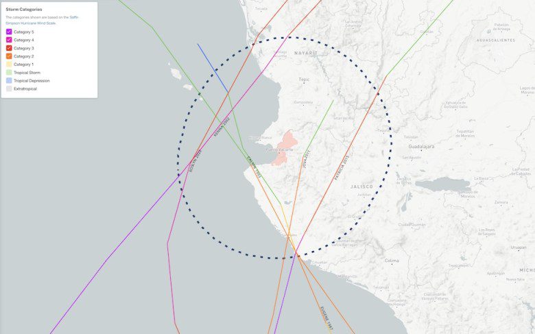 Map showing past hurricane paths in the area.