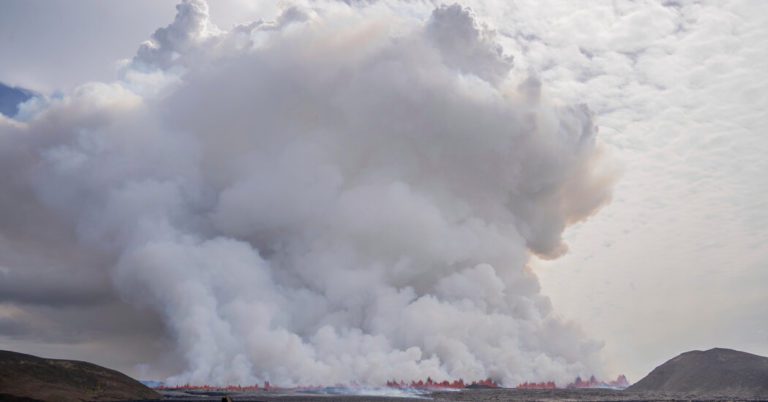 A volcano erupts in Iceland, spewing lava 150 feet into the air