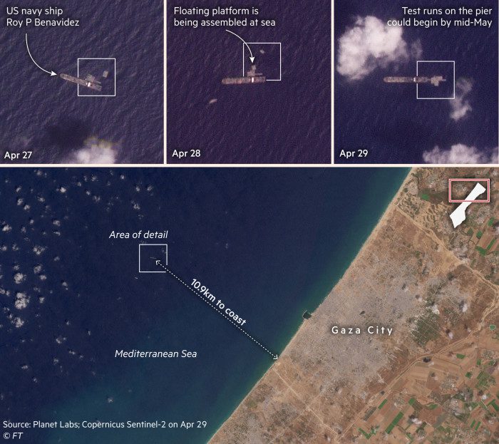 Satellite images show the US Navy ship Roy P Benavidez, 10.9 kilometers off the coast of Gaza.  Photos show how a floating platform was assembled at sea between April 27 and 29.  Source: Planet Labs, Copernicus Sentinel-2