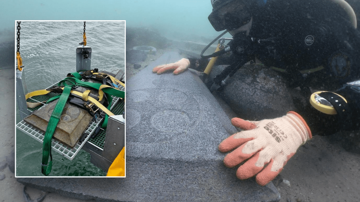 Split image of diver next to stones