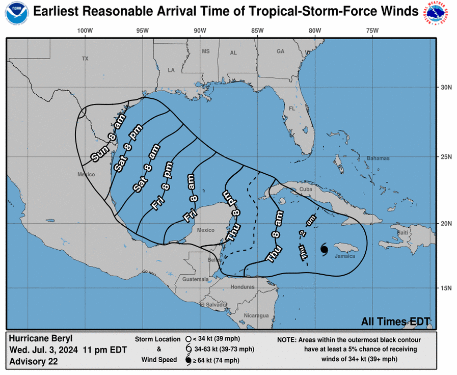 Forecast for when strong tropical storm winds from Hurricane Beryl will arrive
