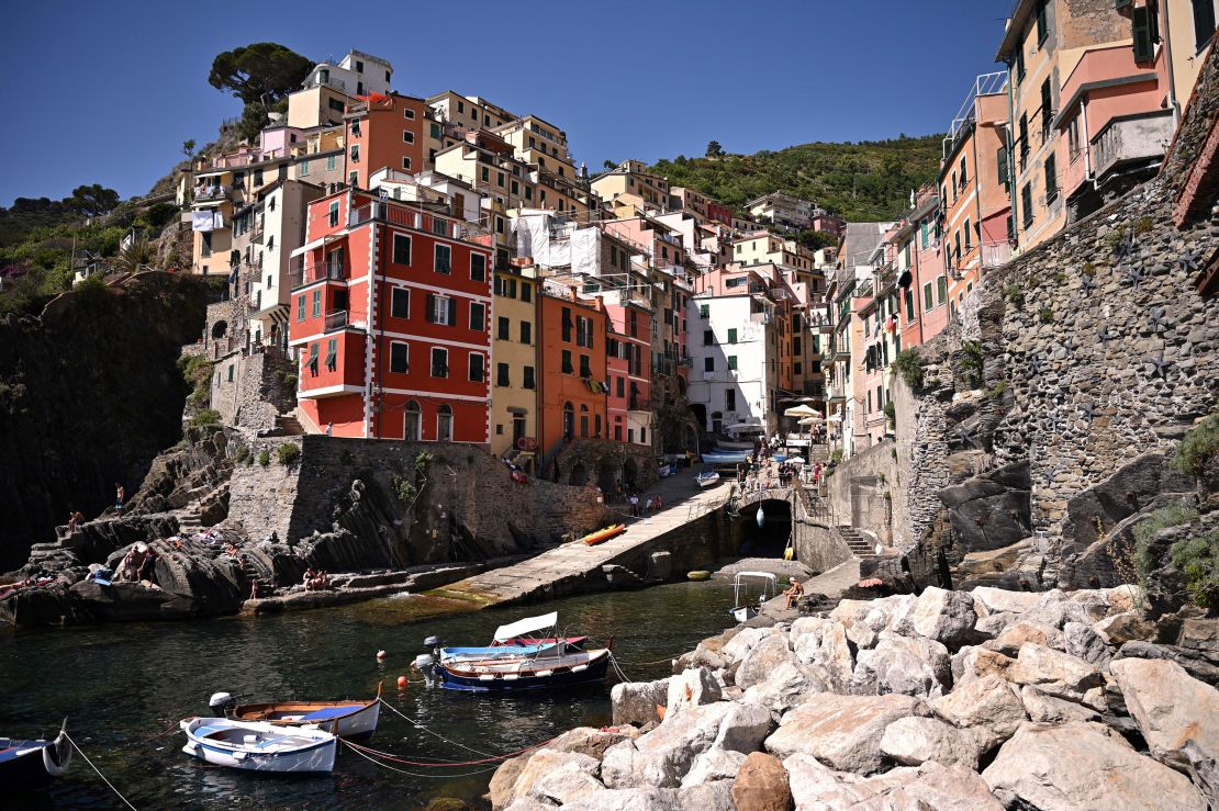 Brightly colored buildings stand out in the village of Riomaggiore, one of the five villages that make up the Cinque Terre. 